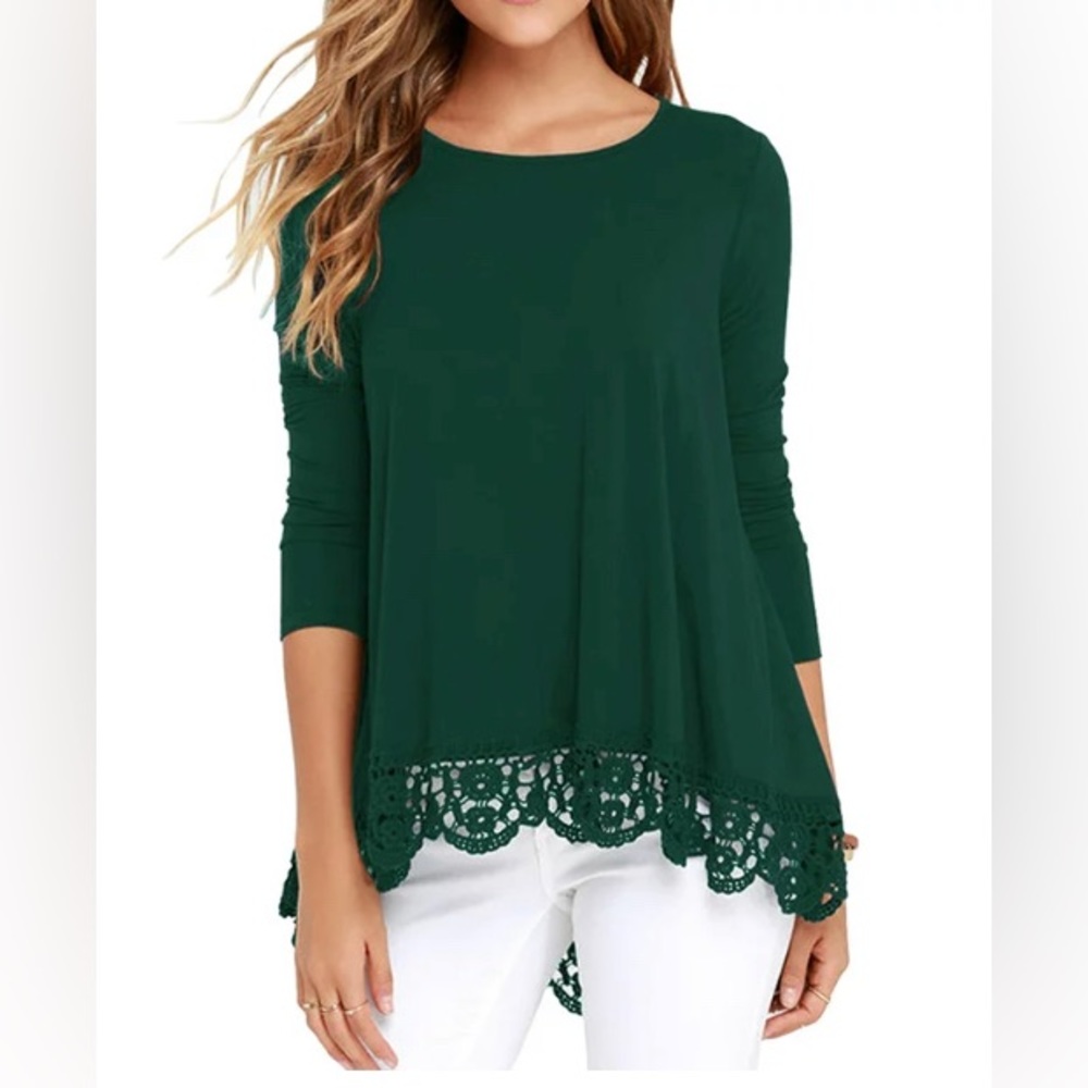 Women's Tops Long Sleeve Lace Trim O-Neck A Line Tunic Blouse Dark Green-X-Large
